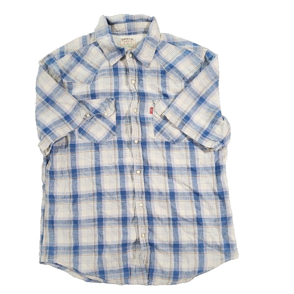 Levis Mens Blue White Plaid Linen Blend Short Sleeve Western Pearl Snap Shirt L
